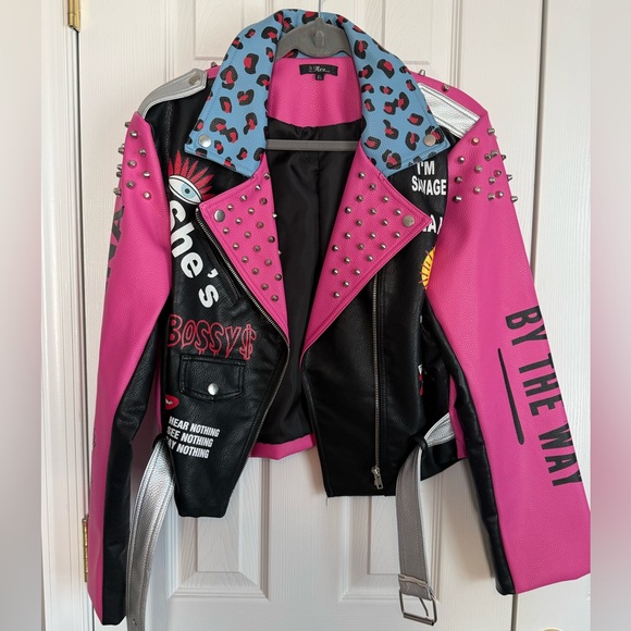 FOR HER NYC Jackets & Blazers - Stylish Vegan Leather Pink and Black Studded Women's Jacket